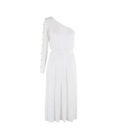 Elisabetta Franchi One-shoulder Dress In Jersey Fabric With Buttons In White