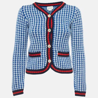Pre-owned Gucci Blue/white Patterned Wool Buttoned Cardigan (10 Yrs)
