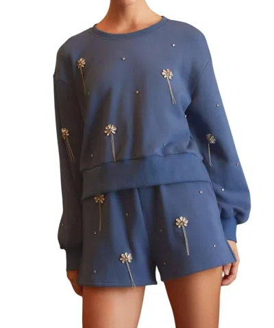 Main Strip Jaydeen Rhinestone Embellished Sweatshirt Top & Short Set In Mineral Blue In Multi
