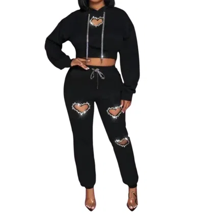 Sunny Story Trading Karlie Heart Cutout Crop Top & Jogger Set In Black In Black