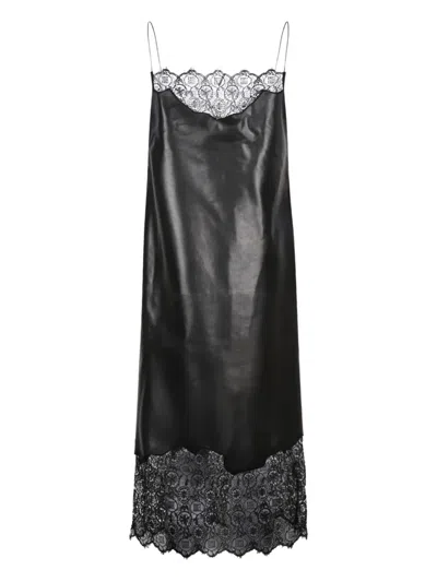 Givenchy Black Lace Trim Leather Midi Dress