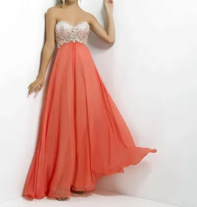 Blush Prom Embellished Flowy Chiffon Gown In Coral Pink In Multi