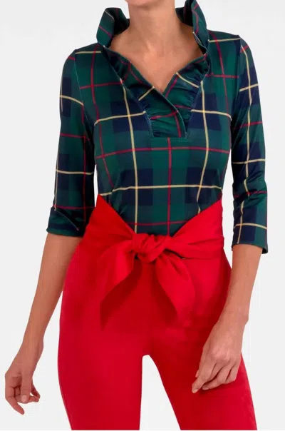 Gretchen Scott Stand Up Ruffle Neck Top In Green Plaidly Cooper In Multi