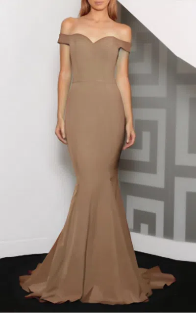 Jadore Plain Off The Shoulder Gown In Latte In Multi