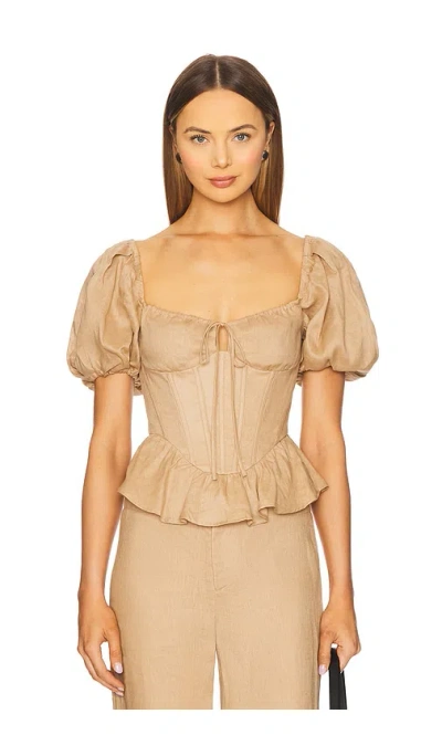 Bardot Esra Puff Sleeve Linen Corset Top In Brown