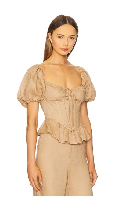 Bardot Esra Puff Sleeve Linen Corset Top In Brown