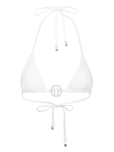 Philipp Plein Swimwear Top Triangle Bra Crystal Hexagon In White