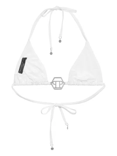 Philipp Plein Swimwear Top Triangle Bra Crystal Hexagon In White