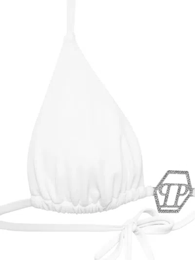 Philipp Plein Swimwear Top Triangle Bra Crystal Hexagon In White