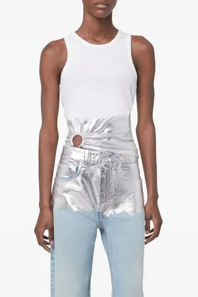 Rabanne Sleeveless Coast Tank Top With Silver Foil And Piercing Details In White