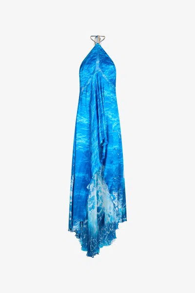 Roberto Cavalli Seidenkleid Stretto Di Messina Print In Blue