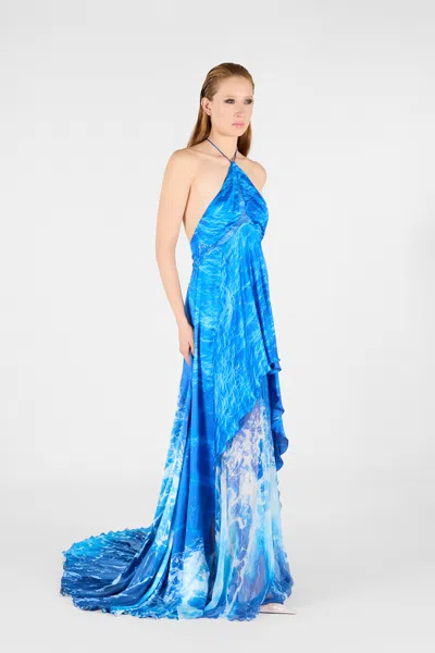Roberto Cavalli Seidenkleid Stretto Di Messina Print In Blue