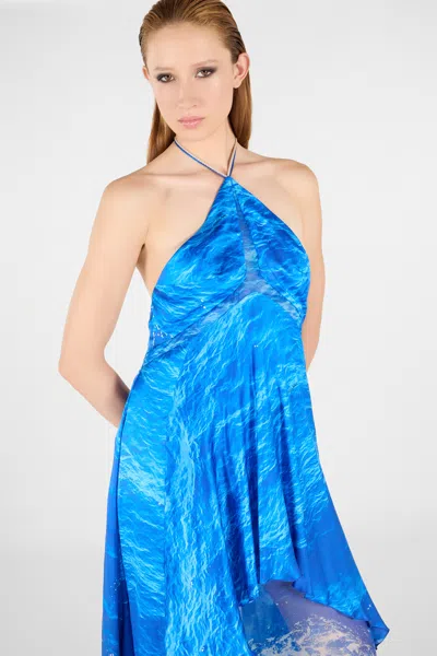 Roberto Cavalli Seidenkleid Stretto Di Messina Print In Blue