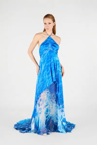 Roberto Cavalli Seidenkleid Stretto Di Messina Print In Blue