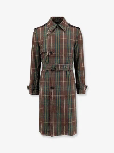 Burberry Vintage Effect Checked Trench Coat With Belt In Green