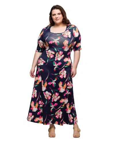 24seven Comfort Apparel Plus Size Print Elbow Sleeve Casual A-line Maxi Dress In Navy Multi