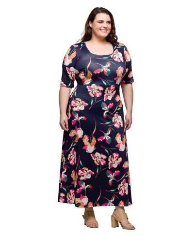 24seven Comfort Apparel Plus Size Print Elbow Sleeve Casual A-line Maxi Dress In Navy Multi