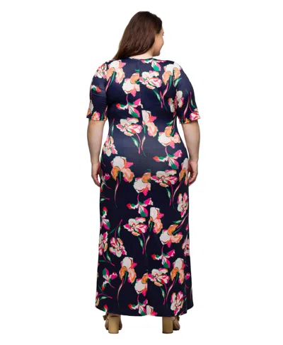 24seven Comfort Apparel Plus Size Print Elbow Sleeve Casual A-line Maxi Dress In Navy Multi
