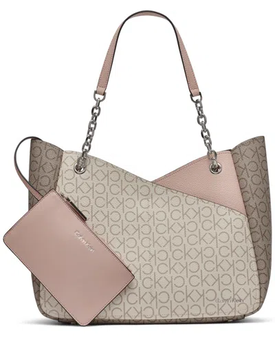 Calvin Klein Zoe Signature Chain Tote Bag In Blossom,vanilla Khaki,almuminum Taupe