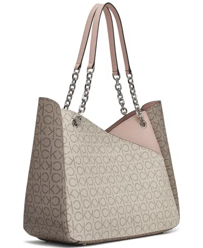 Calvin Klein Zoe Signature Chain Tote Bag In Blossom,vanilla Khaki,almuminum Taupe