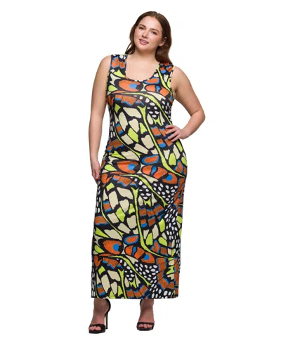 24seven Comfort Apparel Print Plus Size Razorback Tank Casual Maxi Dress In Yellow Multi