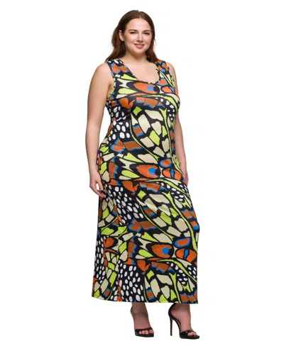 24seven Comfort Apparel Print Plus Size Razorback Tank Casual Maxi Dress In Yellow Multi