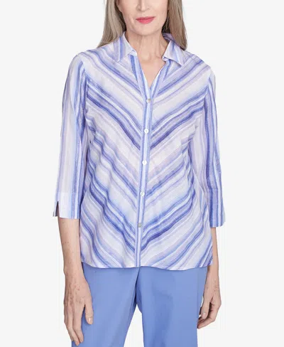 Alfred Dunner Petite Mitered Iris Stripe Button Down Top In Iris