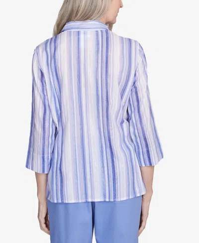 Alfred Dunner Petite Mitered Iris Stripe Button Down Top In Iris