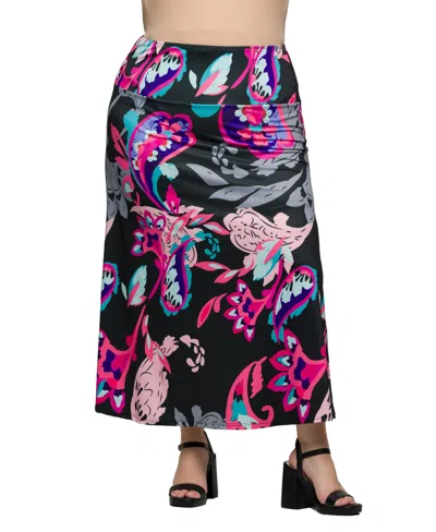 24seven Comfort Apparel Plus Size Elastic Waist A-line Maxi Skirt In Pink Multi