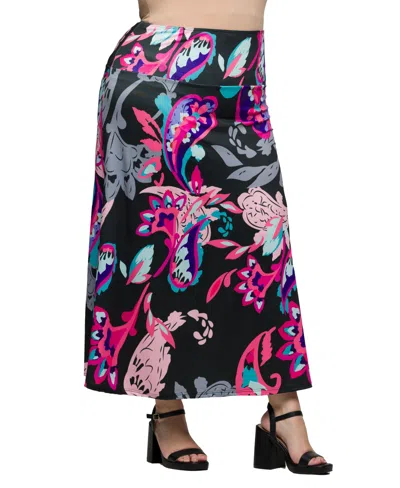 24seven Comfort Apparel Plus Size Elastic Waist A-line Maxi Skirt In Pink Multi