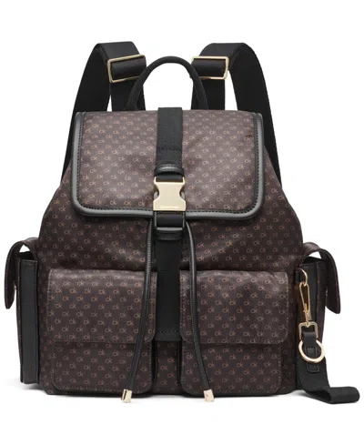 Calvin Klein Elora Nylon Mini Signature Front Buckle Backpack In Brown Khaki,black