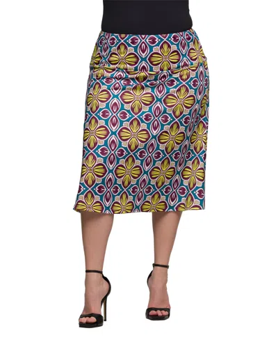24seven Comfort Apparel Plus Size Print Comfortable Elastic Waist Knee Length Skirt In Yellow Multi