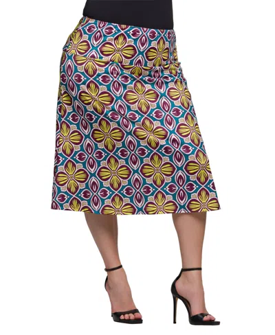 24seven Comfort Apparel Plus Size Print Comfortable Elastic Waist Knee Length Skirt In Yellow Multi
