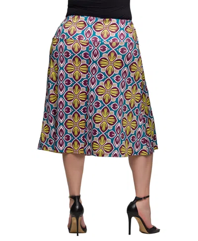 24seven Comfort Apparel Plus Size Print Comfortable Elastic Waist Knee Length Skirt In Yellow Multi