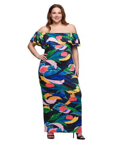 24seven Comfort Apparel Plus Size Off Shoulder Print Side Slit Maxi Dress In Blue Multi