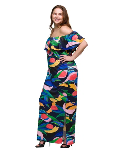 24seven Comfort Apparel Plus Size Off Shoulder Print Side Slit Maxi Dress In Blue Multi