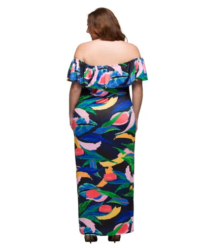 24seven Comfort Apparel Plus Size Off Shoulder Print Side Slit Maxi Dress In Blue Multi