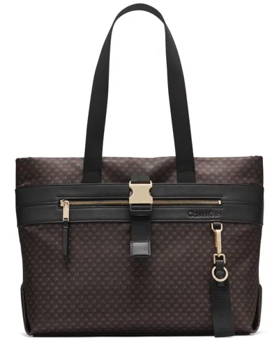 Calvin Klein Elora Nylon Mini Signature Top Zipper Tote Bag In Brown Khaki,black