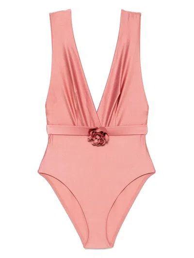 Zimmermann Lucky Plunge Flower Swimsuit In Pink