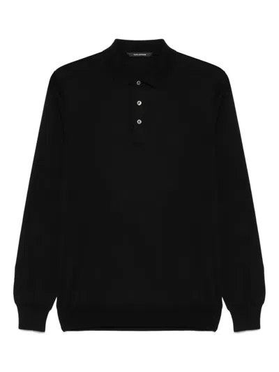 Tagliatore Black Polo Shirt With Classic Collar And Ribbed Trims In Wool Man In Black