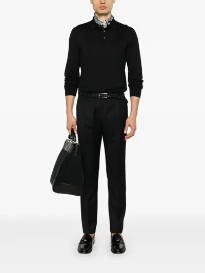 Tagliatore Black Polo Shirt With Classic Collar And Ribbed Trims In Wool Man In Black