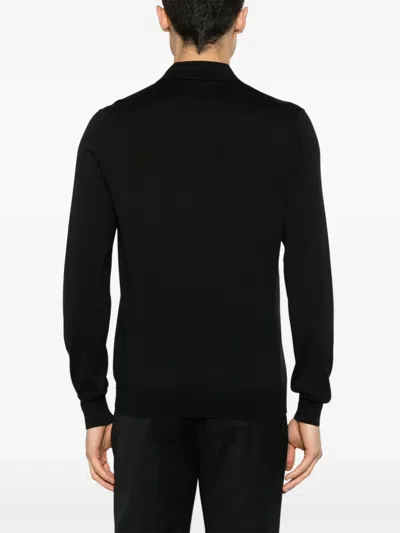 Tagliatore Black Polo Shirt With Classic Collar And Ribbed Trims In Wool Man In Black
