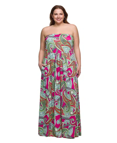 24seven Comfort Apparel Plus Size A-line Strapless Maxi Dress With Pockets In Pink Multi