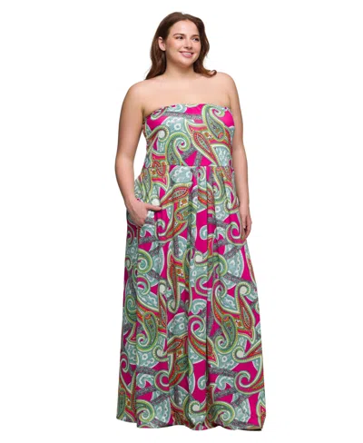 24seven Comfort Apparel Plus Size A-line Strapless Maxi Dress With Pockets In Pink Multi