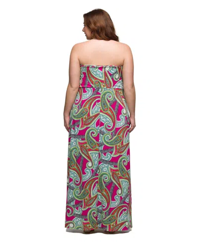 24seven Comfort Apparel Plus Size A-line Strapless Maxi Dress With Pockets In Pink Multi