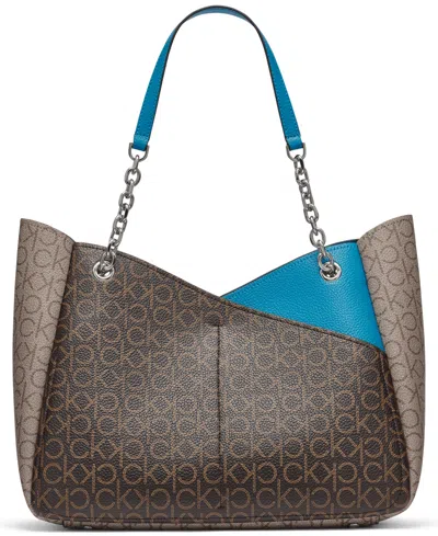 Calvin Klein Zoe Chain Large Tote Bag In Corsica,brown Khaki,alm Taupe