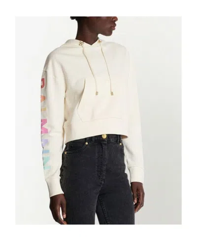 Balmain Cotton Printed  Logo Sweatshirt In White
