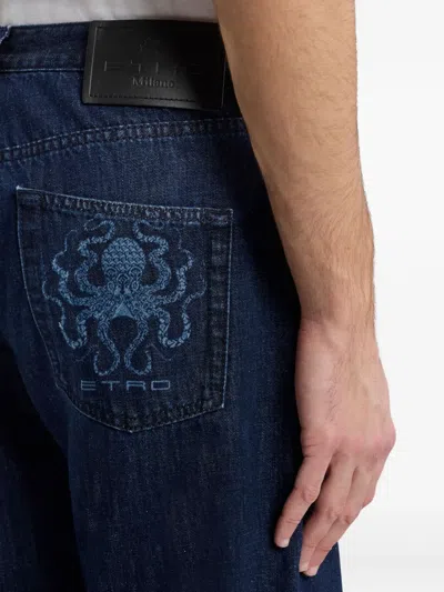 Etro Octopus-embroidered Jeans In Blue