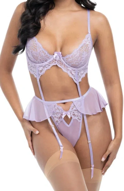 Oh La La Cheri Milana Underwire Mesh & Lace Teddy & Garter Belt Set In Lavendula