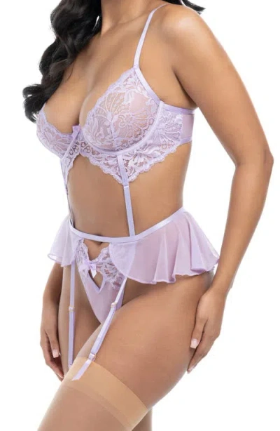Oh La La Cheri Milana Underwire Mesh & Lace Teddy & Garter Belt Set In Lavendula